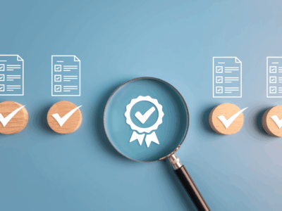 Document outlines with a magnifying glass on a badge with blue background